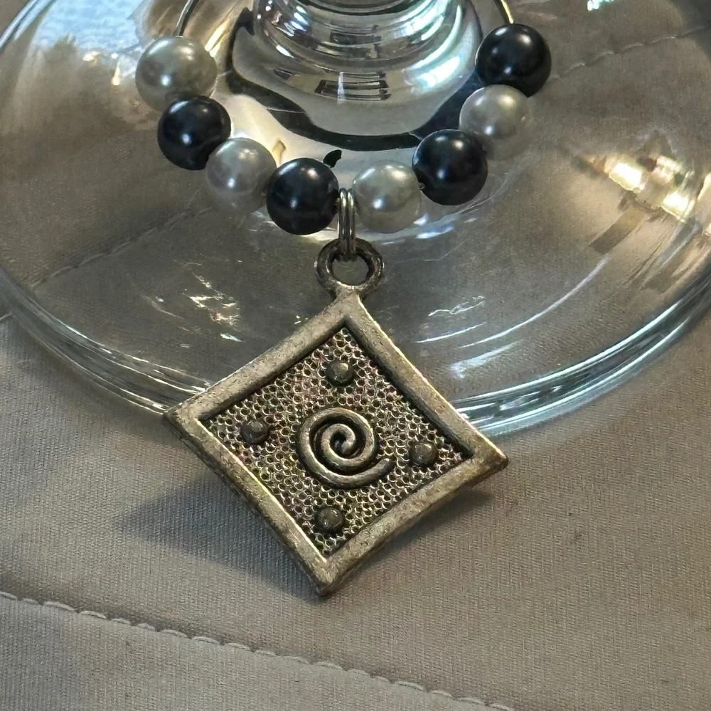 Wine glass tag stainless steel hoop Gray/white beads Swirl in square charm